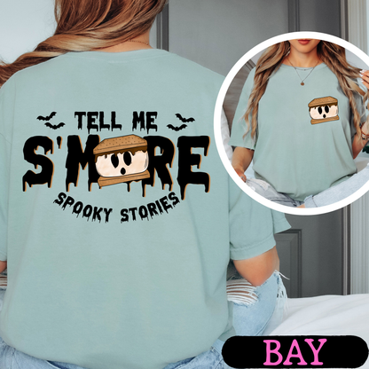Tell Me S'More Spooky Stories Comfort Colors Halloween Ghost Campfire Shirt | Cute Fall Graphic Tee | Funny Autumn Camping Shirt | Pocket & Back Print