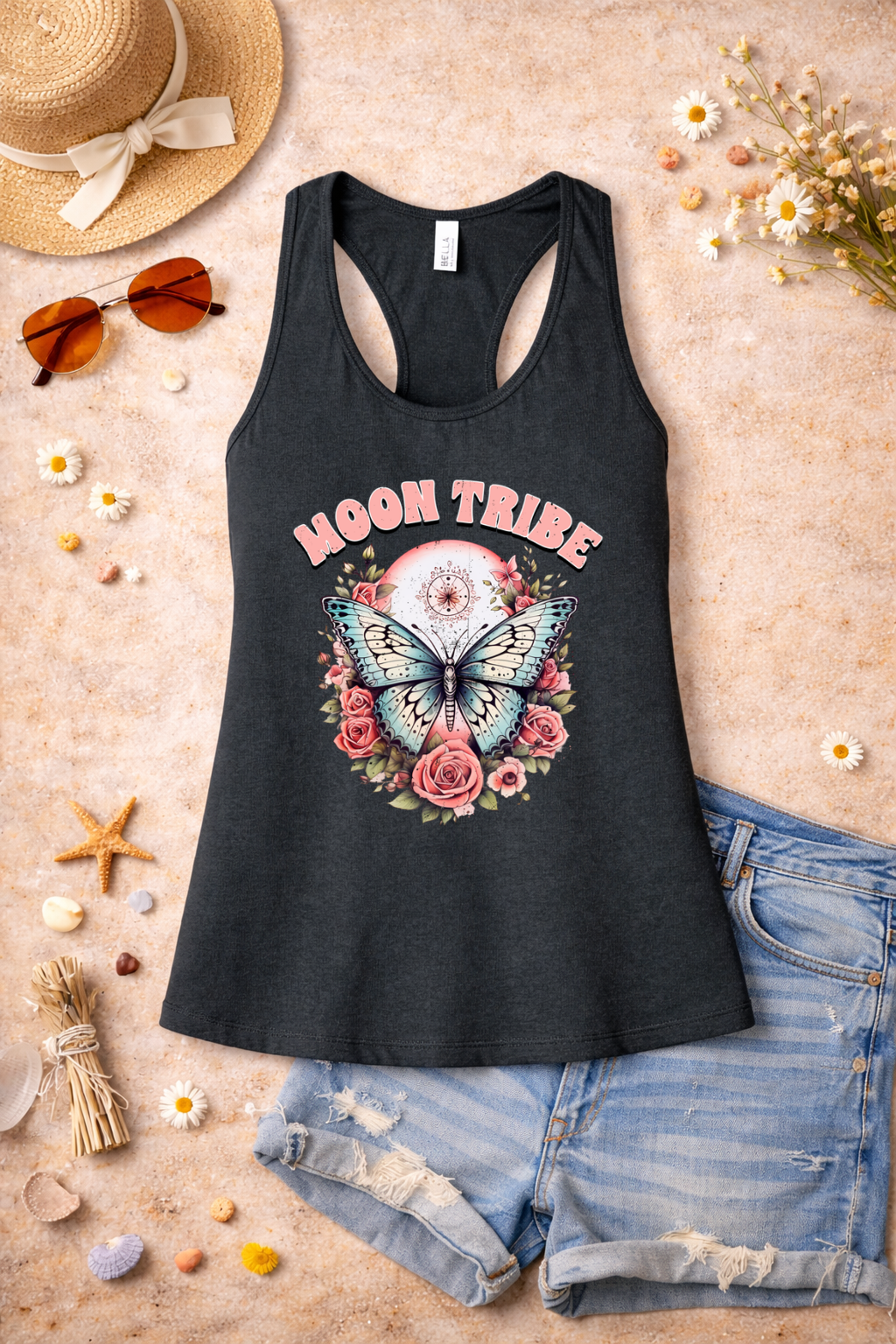 Moon Tribe Tank | Vintage Butterfly & Rose Design | Boho Aesthetic Summer Top