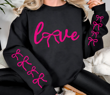 LOVE Bow Sweatshirt | Valentine Aesthetic Pullover with Bow Sleeve Detail