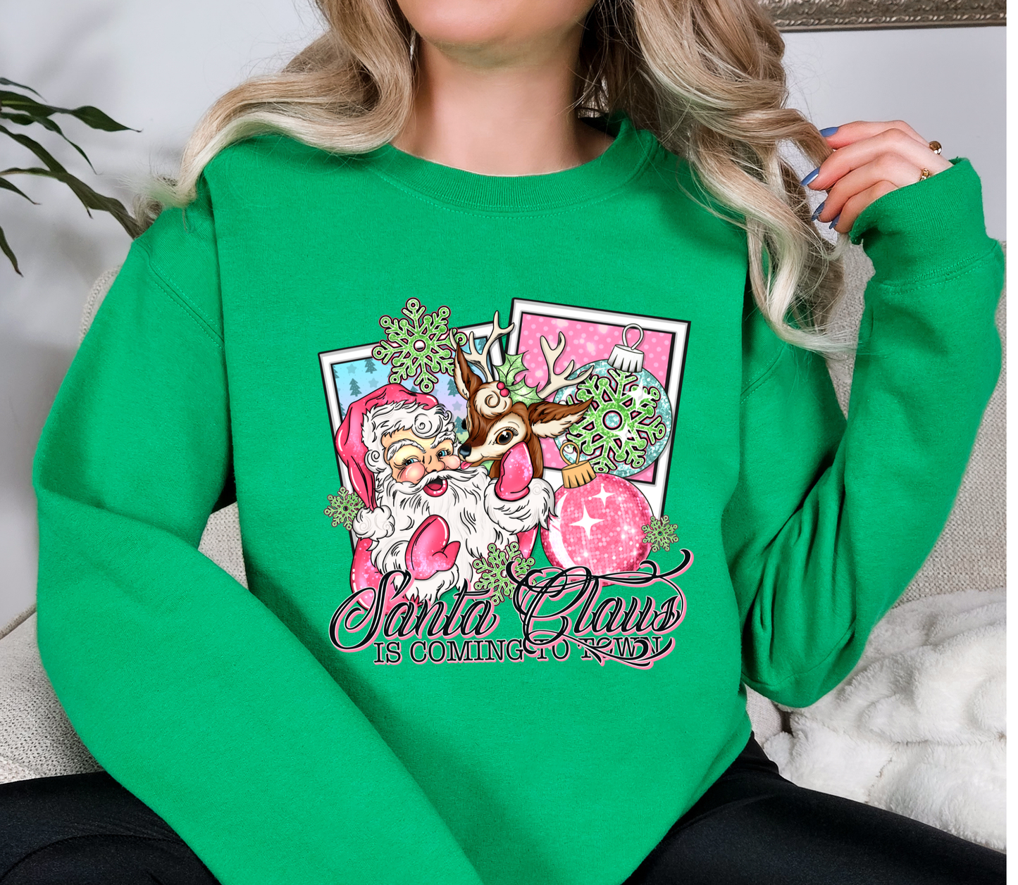 Retro Pink Santa & Reindeer Christmas Sweatshirt | Santa Claus Is Coming To Town | Vintage Holiday Crewneck
