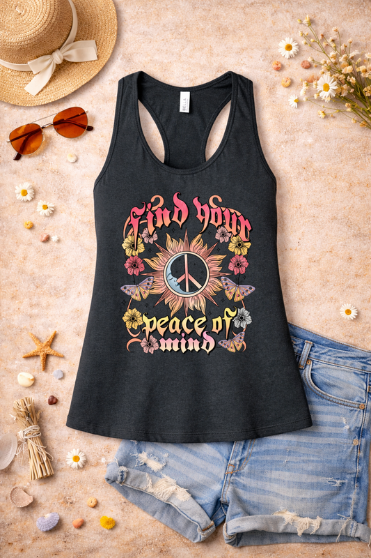 Find Your Peace of Mind Boho Graphic Racerback Tank | Retro Hippie Sun & Floral Tank Top | Summer Spiritual Vibes Shirt