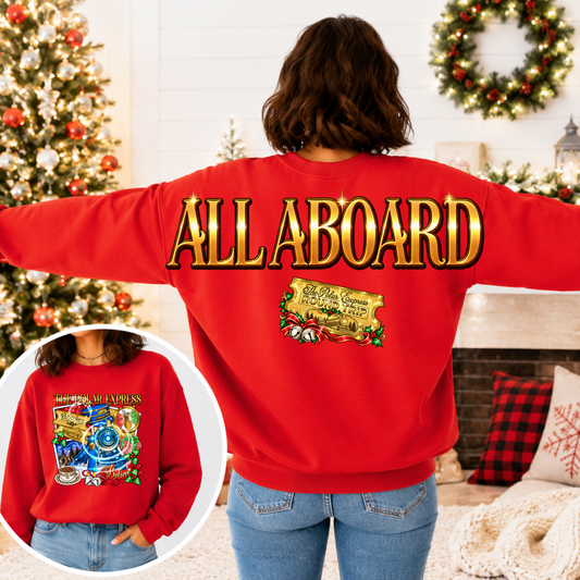 All Aboard Christmas Train Big Back Sweatshirt | Vintage Holiday Graphic