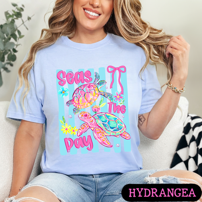Seas The Day Sea Turtle Graphic Tee | Coastal Beach Shirt | Summer Vacation Tee | Ocean Lover Gift | Cute Turtle Shirt