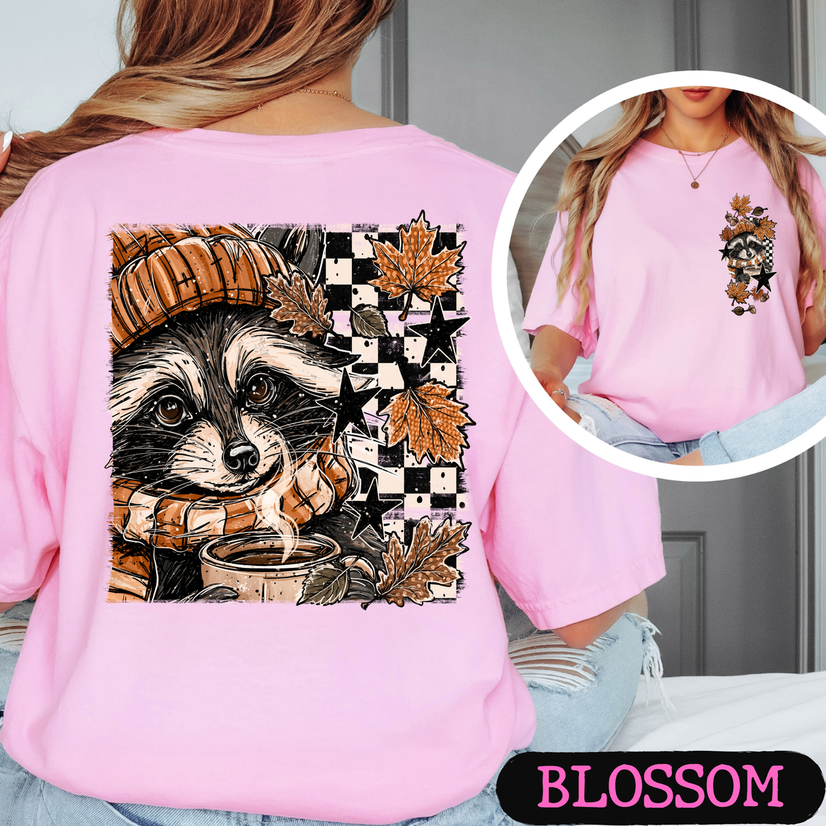 Cozy Fall Raccoon Comfort Colors T-Shirt | Front & Back Autumn Graphic Tee