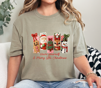 Have Yourself a Merry Little Christmas Tee | Cozy Faux Knit Character Holiday Shirt | Cute Gingerbread, Santa, Reindeer & Snowman