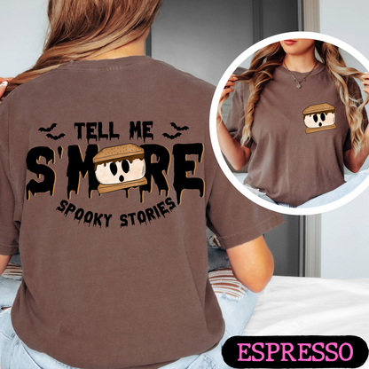Tell Me S'More Spooky Stories Comfort Colors Halloween Ghost Campfire Shirt | Cute Fall Graphic Tee | Funny Autumn Camping Shirt | Pocket & Back Print