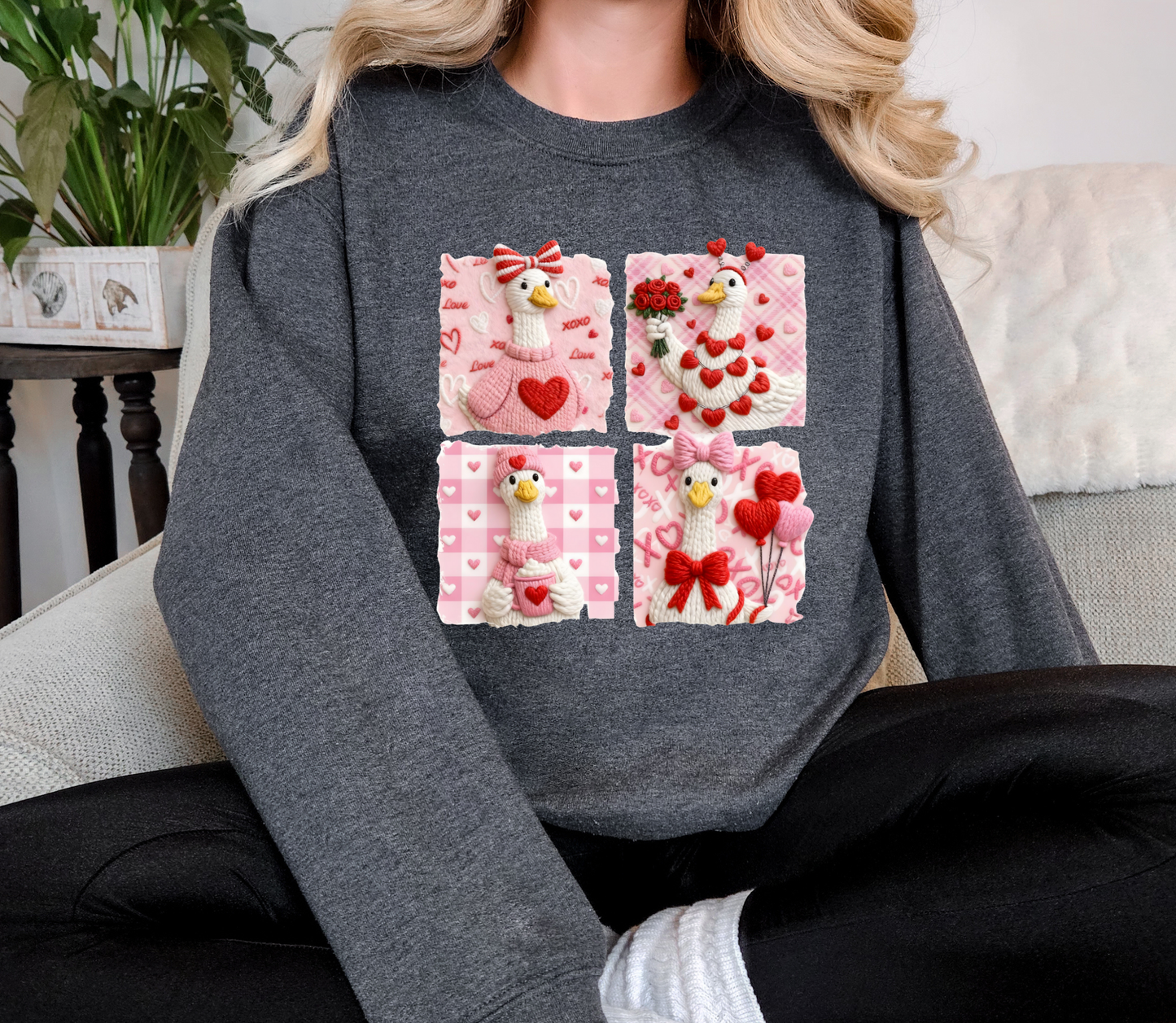 Valentine Goose Sweatshirt | Cute Pink Love Goose Patchwork Crewneck | Cozy Valentine Graphic Shirt | Galentine Gift