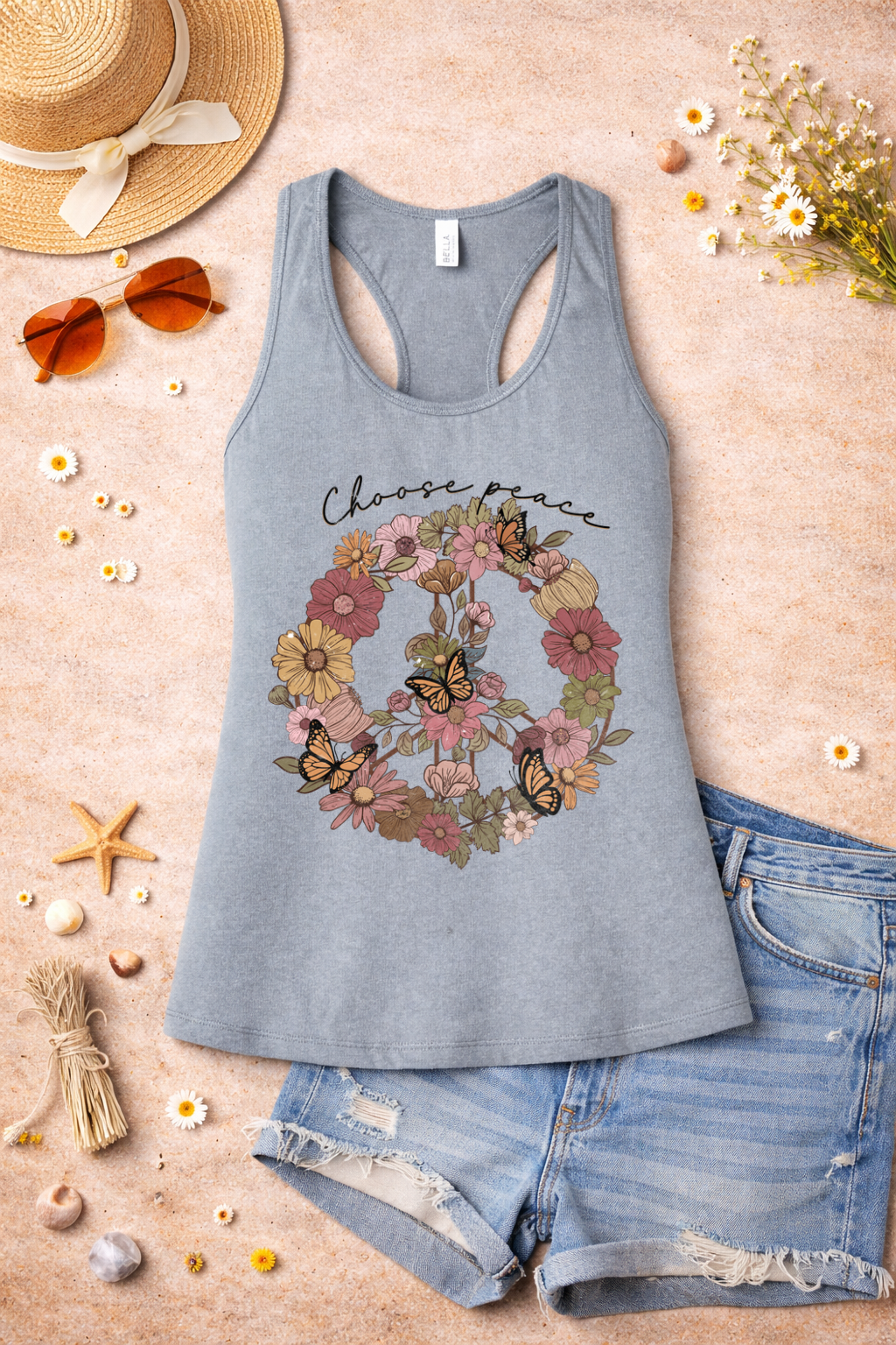 Choose Peace Tank | Floral Peace Sign Butterfly Graphic | Boho Inspirational Summer Top
