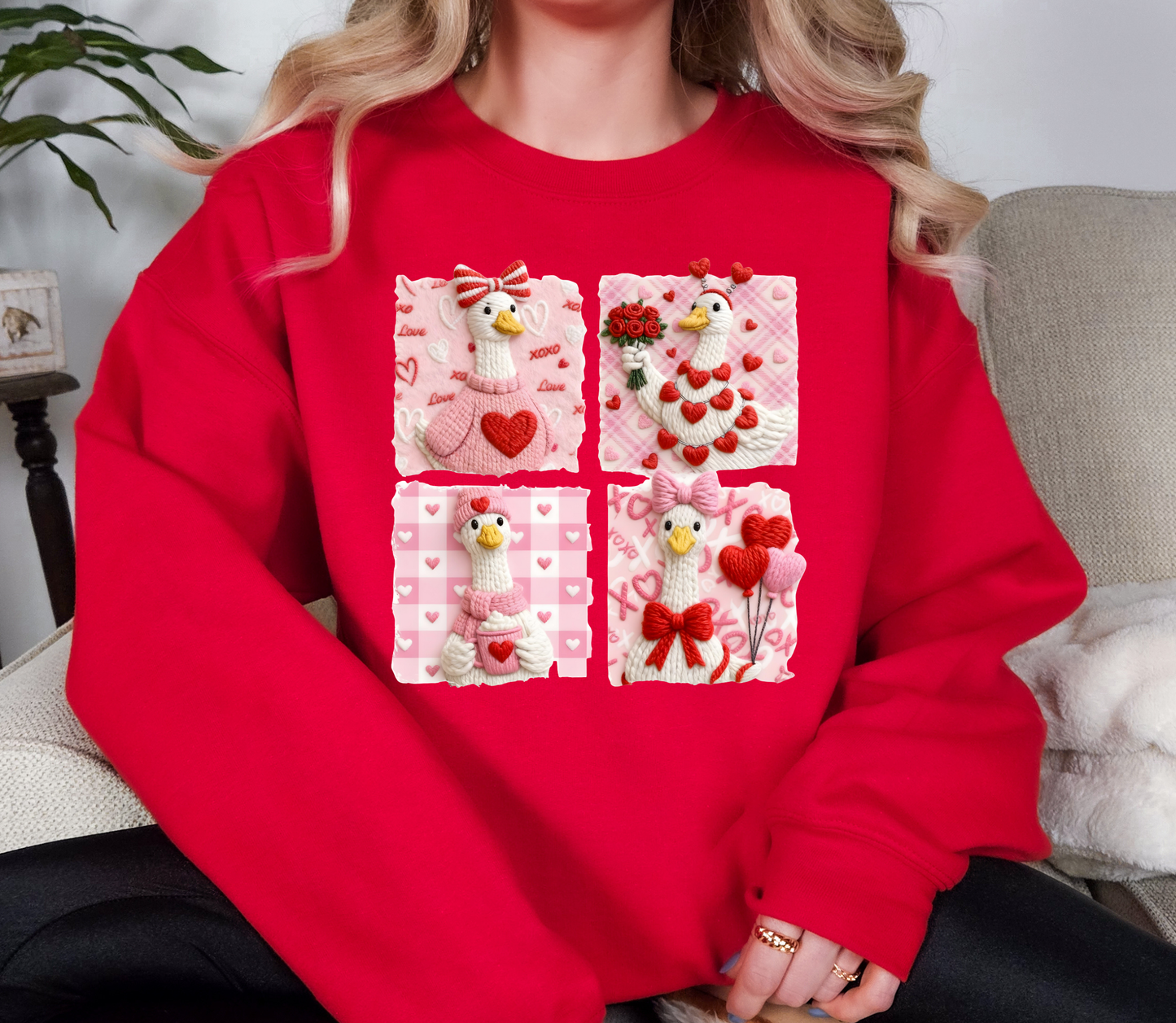 Valentine Goose Sweatshirt | Cute Pink Love Goose Patchwork Crewneck | Cozy Valentine Graphic Shirt | Galentine Gift